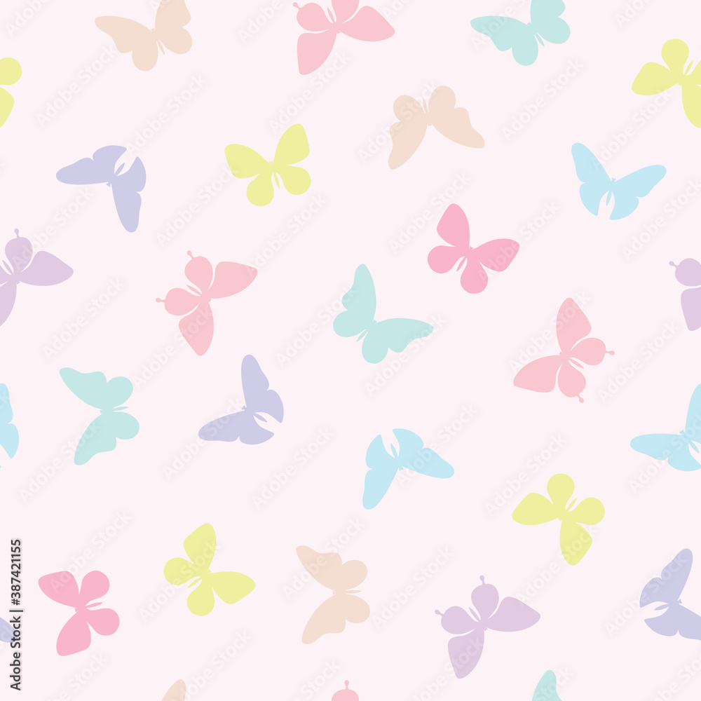Vector butterfly seamless repeat pattern design background. Random colorful butterfly silhouette, cute girly pastel pattern.