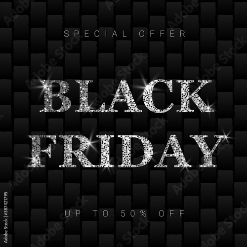 Checkered black friday poster with silver glitter