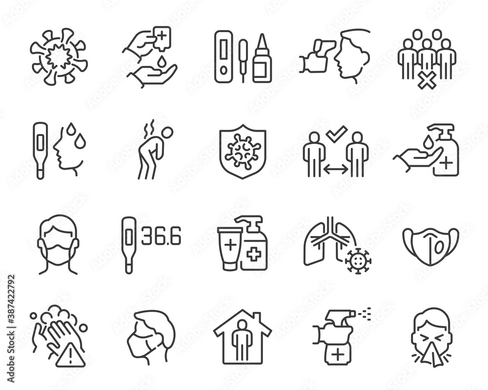 Fototapeta premium Coronavirus and Flu updated Icon Set. Collection of simple linear web icons such Coronavirus Infection, Symptoms, Social Distance, Hand Washing, Coronavirus Test, Antiseptic, Mask, Temperature and