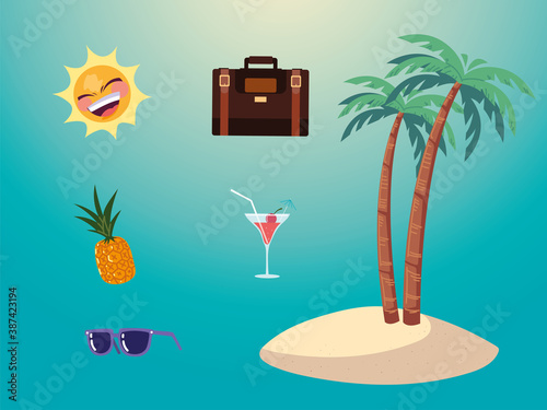 summer vacation travel, island palms pineapple sunglasses suitcase and sun