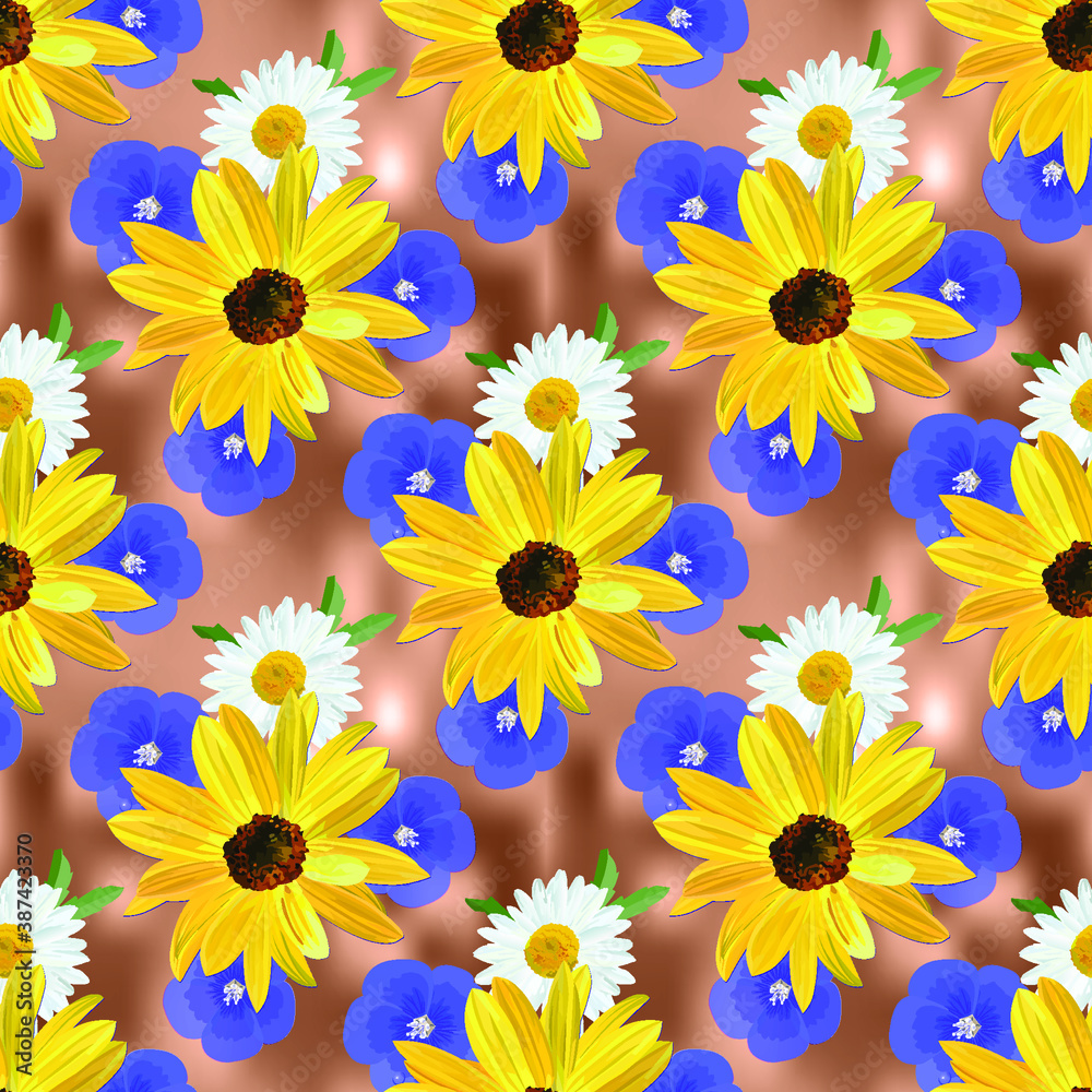 Flower pattern on dark brown abstract background, flowers of sunflower, flax, chamomile, seamless texture, vector. Flower pattern on dark brown abstract background, flowers of sunflower, flax, chamomile, seamless texture, vector.