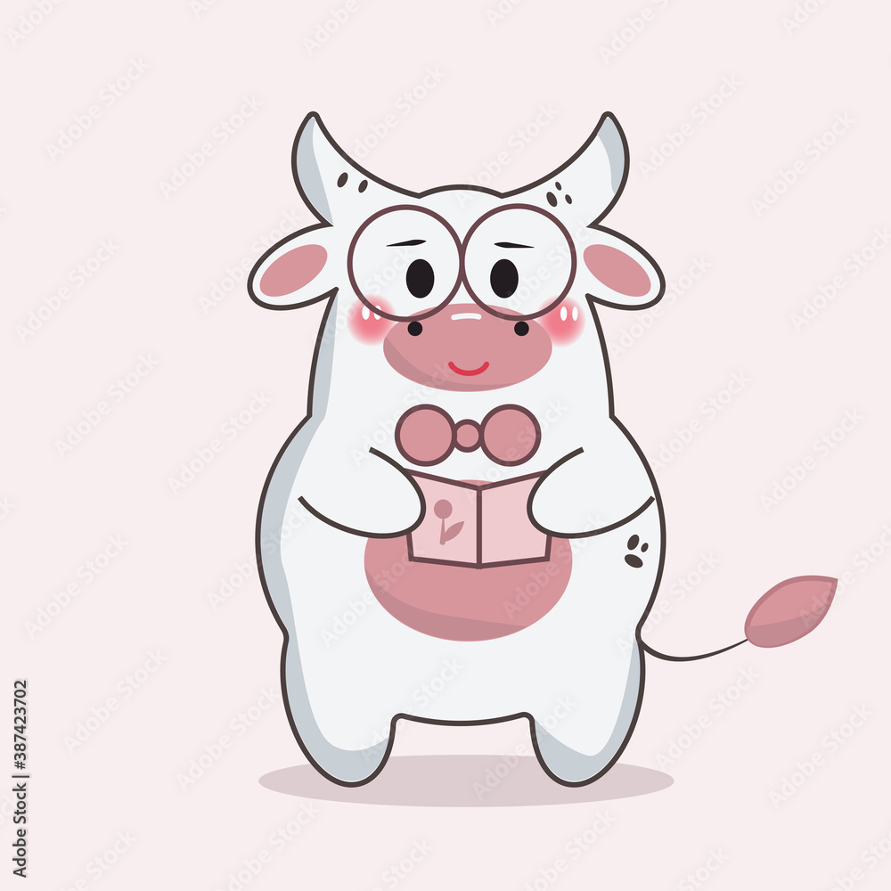 bull Kawai reading a book with glasses and smiling, white cartoon bull holding a postcard bull Kawai reading a book with glasses and smiling, white cartoon bull holding a postcard