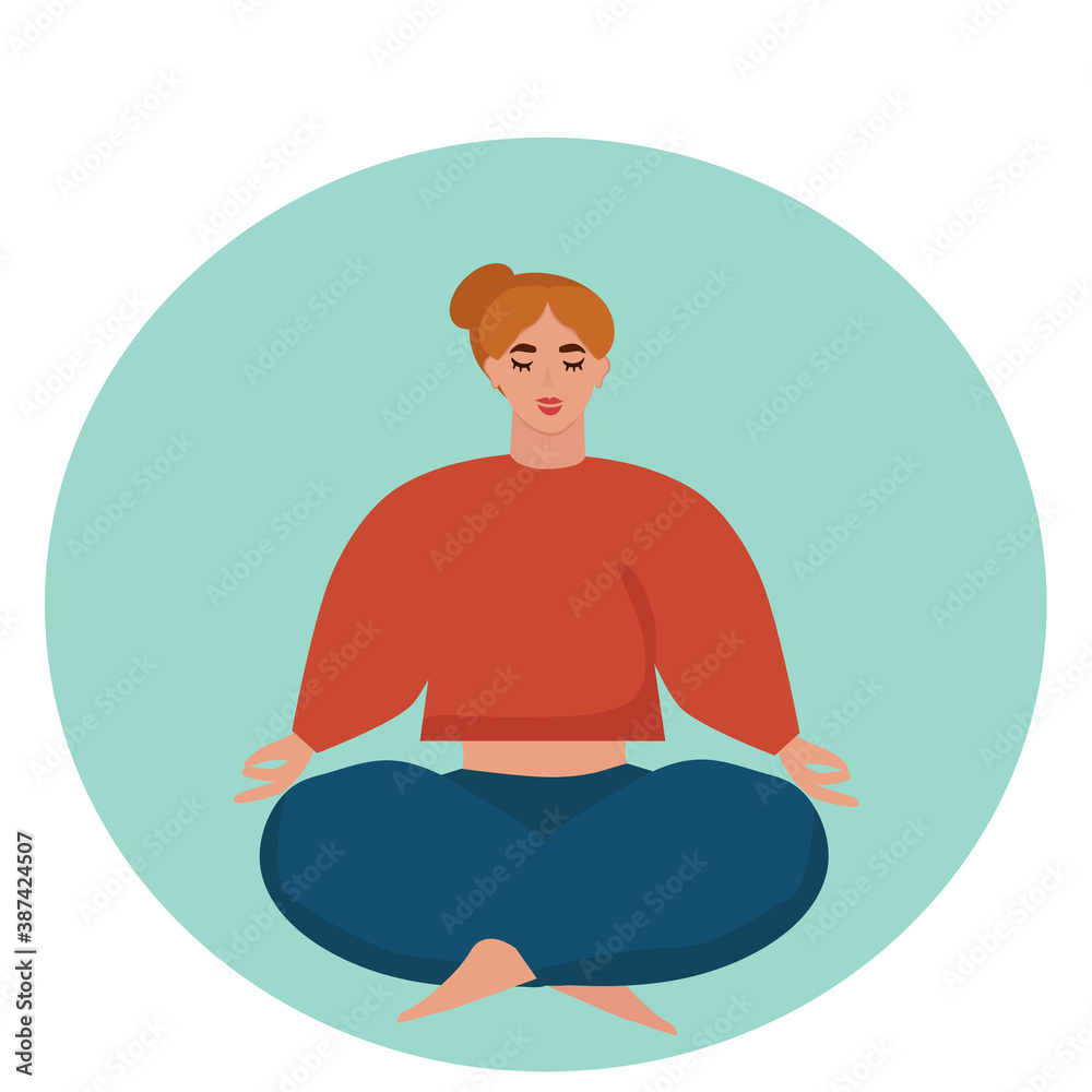 Vector illustration of a red-haired woman doing yoga. The girl is sitting in the Lotus position. Flat style, cartoon Vector illustration of a red-haired woman doing yoga. The girl is sitting in the Lotus position. Flat style, cartoon
