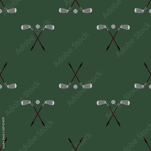 Vector seamless pattern. Pattern with golf elements on green background. Golf seamless background. Background for use in design, web, packing, textile. golf, clubs, ball, bag
