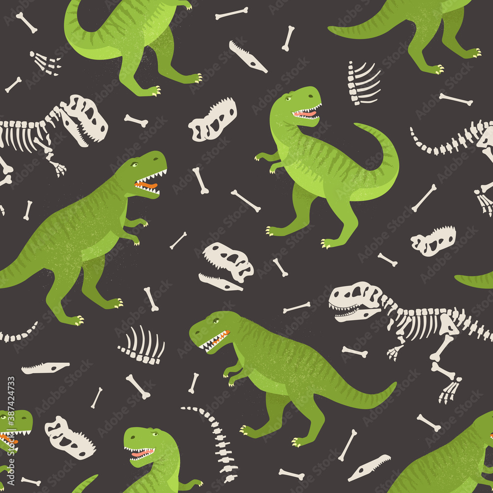 Fototapeta premium Dinosaur skeleton seamless grunge pattern. Original design with t-rex, dinosaur. print for T-shirts, textiles, wrapping paper, web.