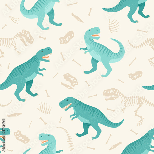 Dinosaur skeleton seamless grunge pattern. Original design with t-rex, dinosaur. print for T-shirts, textiles, wrapping paper, web.