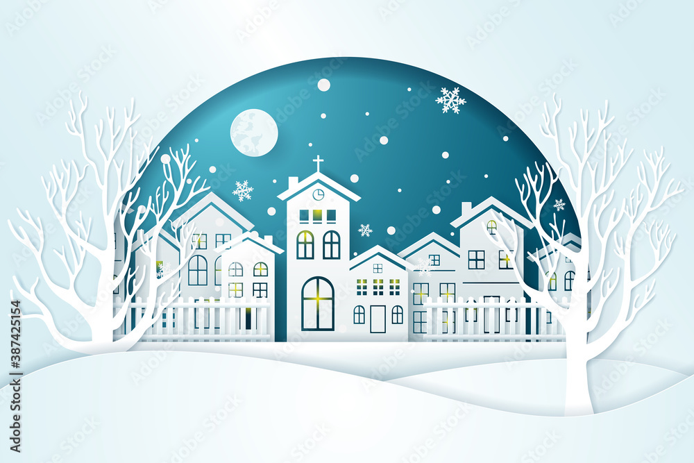 Christmas day and City Village with snow in the winter season. Background of landscape paper art style.