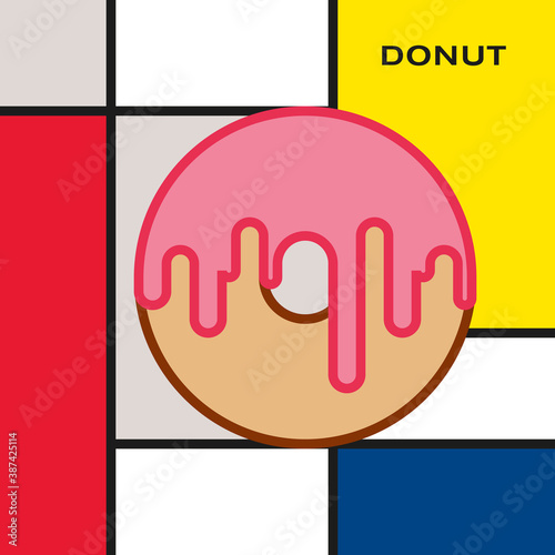 Donut with dripping glaze. Modern style art with rectangular colour blocks. Piet Mondrian style pattern.