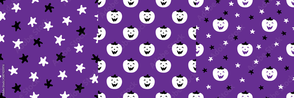 Set of patterns with funny pumpkins and stars on violet. Halloween vector illustration for decoration of backgrounds, leaflets, cards, wallpaper, textiles, fabrics, prints, wrappers, packings, gifts. Set of patterns with funny pumpkins and stars on violet. Halloween vector illustration for decoration of backgrounds, leaflets, cards, wallpaper, textiles, fabrics, prints, wrappers, packings, gifts.