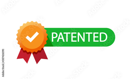 Patented stamp vector flat badge icon with check mark tick element design, successfully patent licensed seal orange green color sign label isolated tag