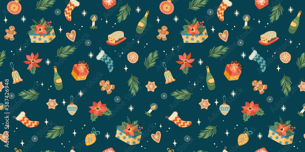 Christmas and Happy New Year seamless pattern. Vector design template.