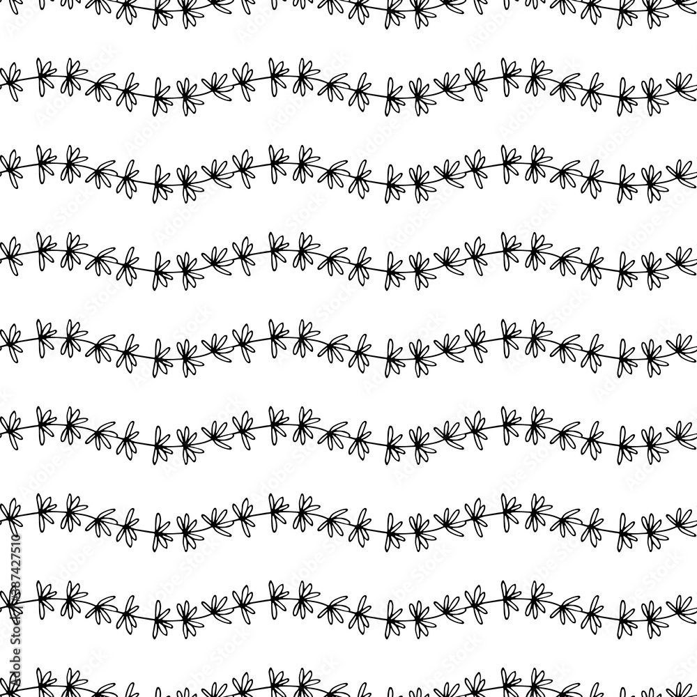 Fototapeta premium black and white seamless pattern with doodle twigs waves from branches