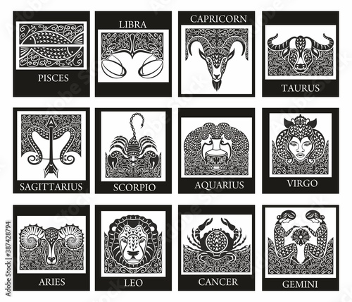 Set of zodiac signs icons. Aries, leo, gemini, taurus, scorpio, aquarius, pisces, sagittarius, libra, virgo, capricorn and cancer. Vector illustration