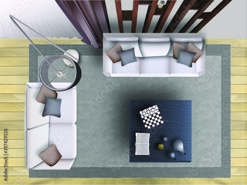 Modern stylish living room with furniture and design elements top view.