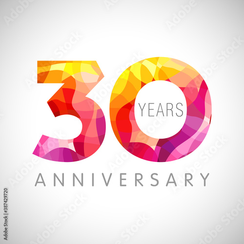 30 th anniversary numbers. 30 years old coloured congrats. Cute congratulation concept. Isolated abstract graphic design template. Red digits. Up to 30%, -30% percent off discount. Decorative sign.