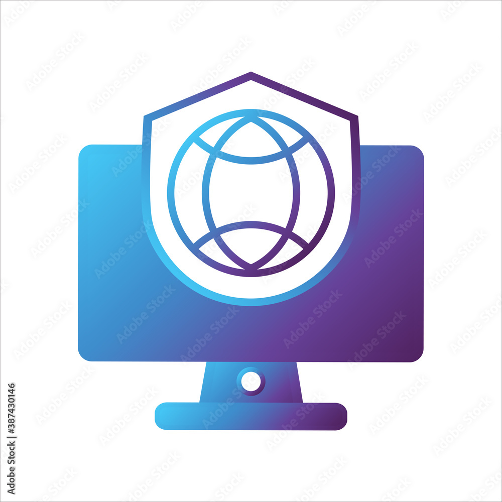 computer illustration. computer with shield and globe symbol. Concept of safe computing. gradient style Vector illustration, vector icon concept. computer illustration. computer with shield and globe symbol. Concept of safe computing. gradient style Vector illustration, vector icon concept.