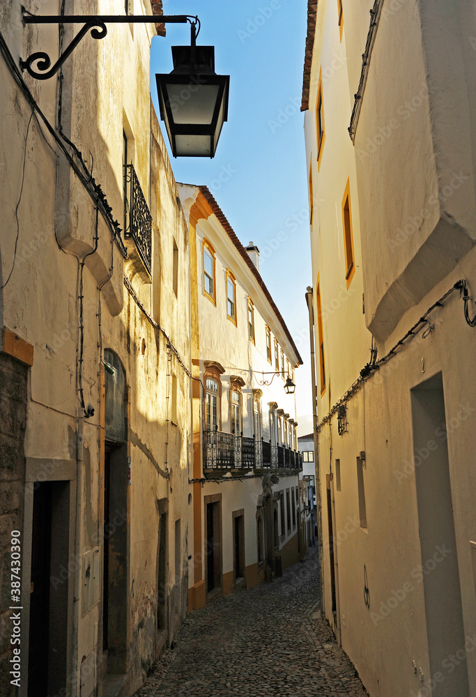 Picturesque street in the Historic Centre of Evora, Portugal. The Historic Centre of Evora is a UNESCO World Heritage Site.