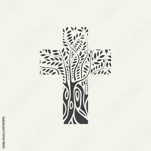 Flat design of a black Christian cross in the form of a tree on a light background. Decorative tree in the shape of a cross. Vector illustration, religious symbol, icon, logo, emblem, design element.