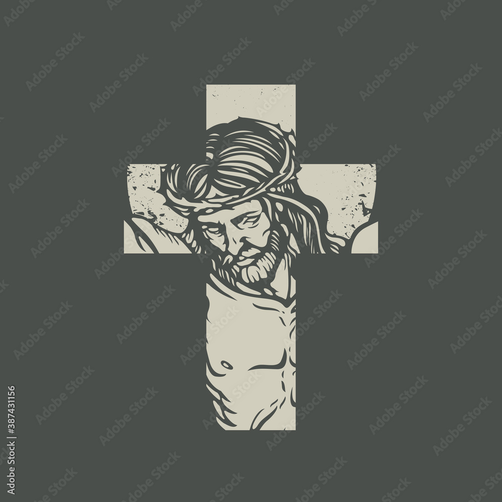 Christian or Catholic cross sign with crucified jesus christ on a dark  background. Jesus Face on the cross. Vector illustration, religious symbol,  icon, logo, print, tattoo, design element Stock Vector | Adobe