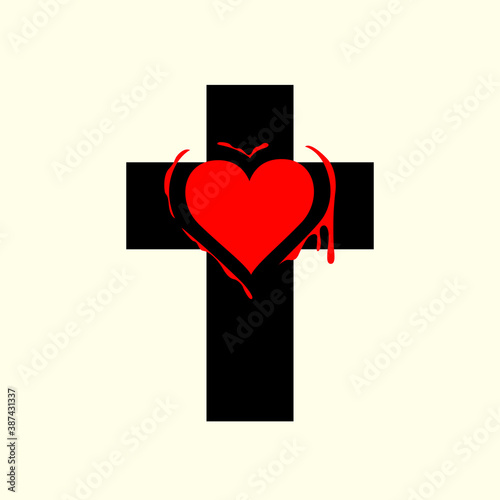 Sign of the black Christian cross with a red heart on a light background. Creative vector illustration, religious symbol, icon, logo, emblem, design element, graphic print, tattoo, t-shirt design