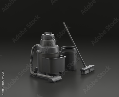Dark gray hoover and a bucket with a broom on black background, single color workshop tool, 3d rendering