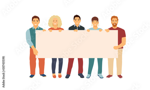 men and women standing together and holding a blank banner. People taking part parade. Male and female protesters or activists. Flat vector illustration.