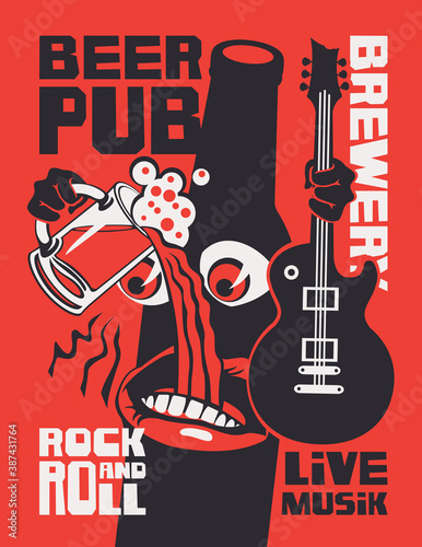 Banner for beer pub with live rock-n-roll music. Vector illustration with inscriptions and a funny drunk bottle of beer that drinks beer and holds a guitar in a flat style on a red background