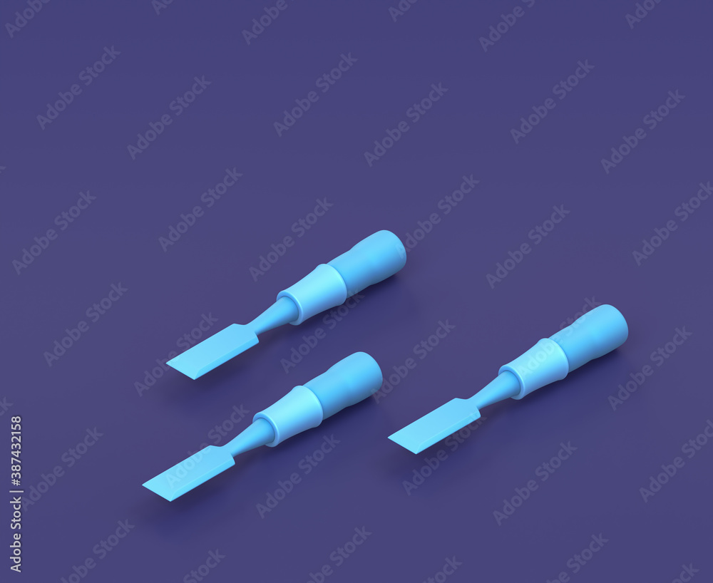 Isometric wood chisel on blue background, single color workshop tool, 3d rendering Isometric wood chisel on blue background, single color workshop tool, 3d rendering