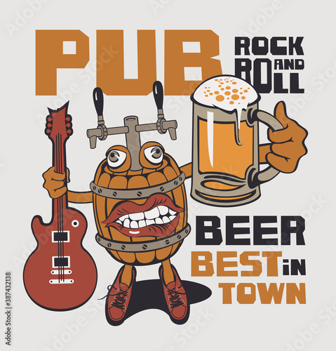 Banner for Rock and roll pub with inscriptions pub, rock-n-roll, beer, best in town. Vector illustration in a cartoon style with a cheerful wooden keg that hold the guitar and glass of beer