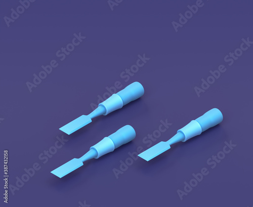 Isometric wood chisel on blue background, single color workshop tool, 3d rendering