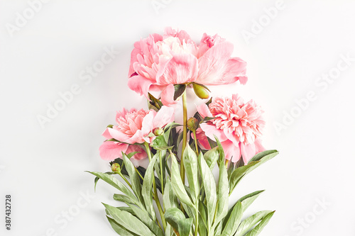 wedding concept. beautiful pink peonies on a white background. simple layout for an invitation. top view, flat lay