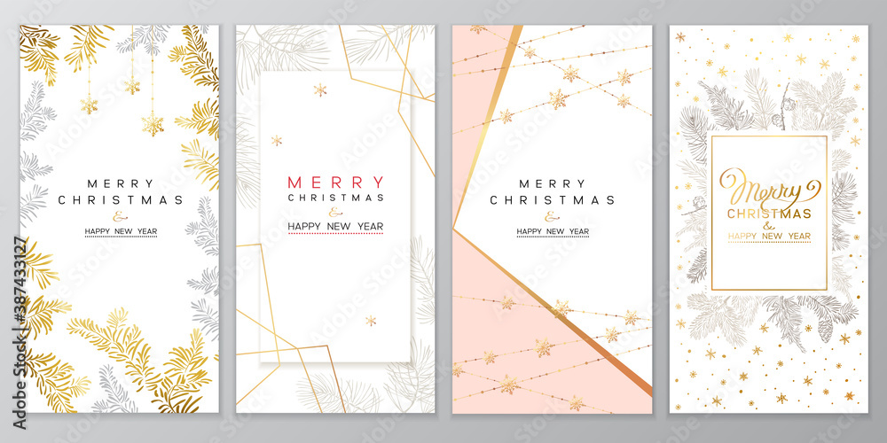 Christmas Poster set of Christmas Background with golden branches of christmas tree. - obrazy, fototapety, plakaty 