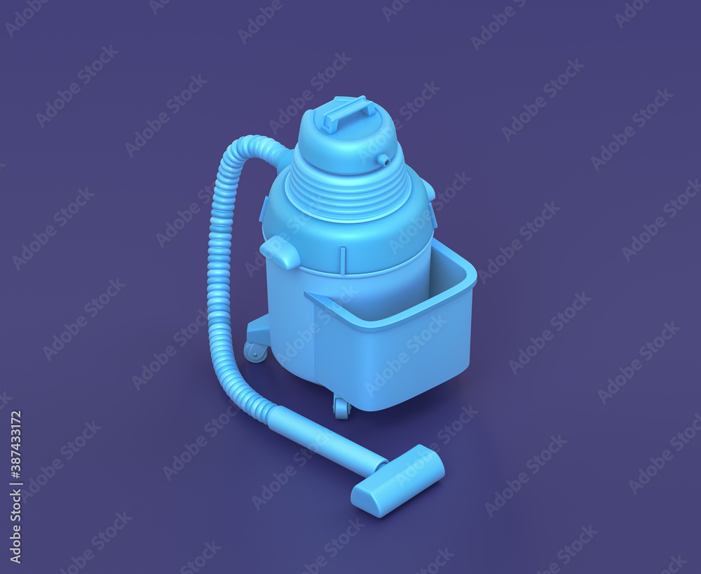 Fototapeta premium Isometric vacuum cleaner, cleaning hoover on blue background, single color workshop tool, 3d rendering