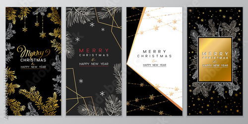 Christmas Poster set of Christmas Background with golden branches of christmas tree.