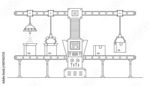 Conveyor system. Automated production line. Robotic industry concept. Industrial machine. Conveyor Automatic Production Line with Cardboard Boxes 
