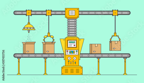Conveyor system. Automated production line. Robotic industry concept. Industrial machine. Conveyor Automatic Production Line with Cardboard Boxes 
