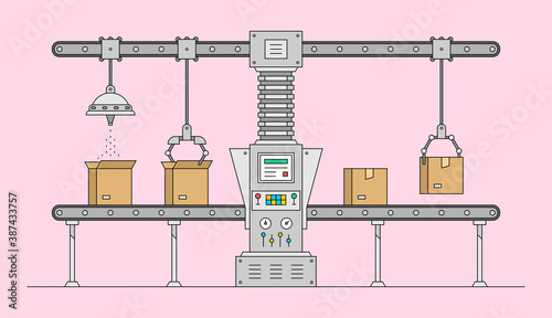 Conveyor system. Automated production line. Robotic industry concept. Industrial machine. Conveyor Automatic Production Line with Cardboard Boxes 
