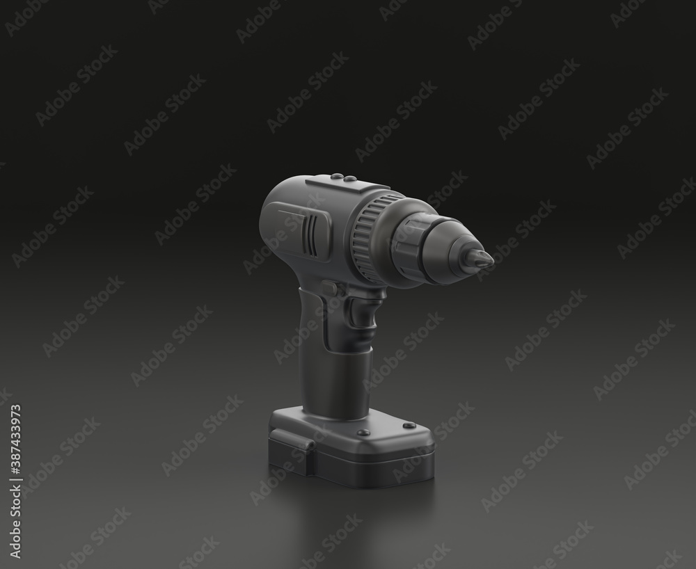 Dark gray charged wireless power drill on black background, single color workshop tool, 3d rendering Dark gray charged wireless power drill on black background, single color workshop tool, 3d rendering