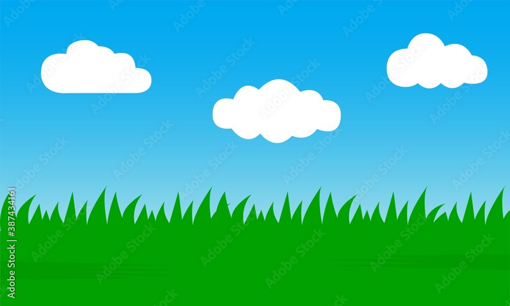 Blue sky and clouds and green grass. Abstract nature background. Vector