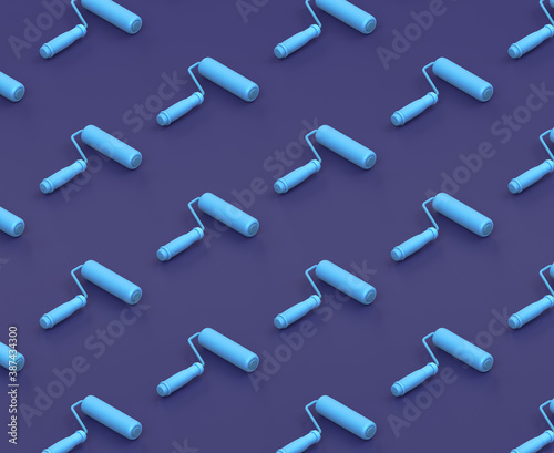 Isometric paint roller on blue background, single color workshop tool, 3d rendering