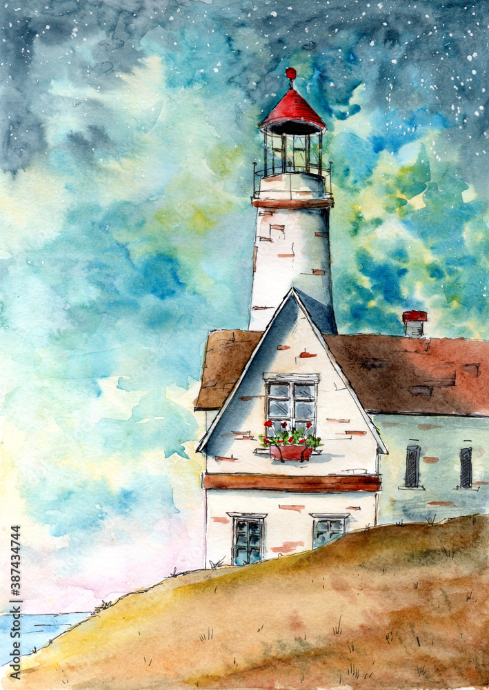 A colorful illutration of a lighthouse and a house on a cliff with beautifl cloudy sky