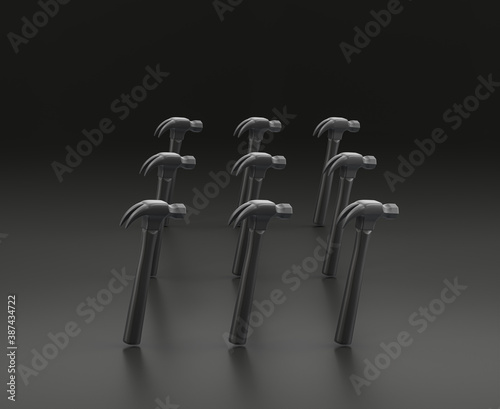 Dark gray hammer on black background, single color workshop tool, 3d rendering photo