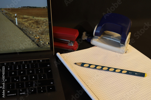 desk with laptop