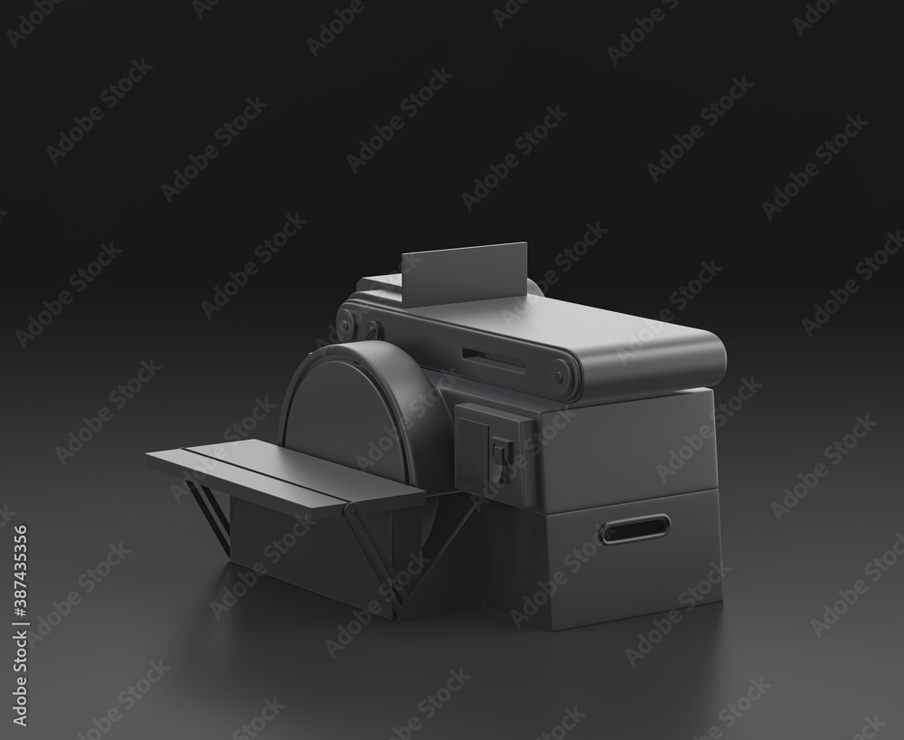 Dark gray belt sander on black background, single color workshop tool, 3d rendering Dark gray belt sander on black background, single color workshop tool, 3d rendering
