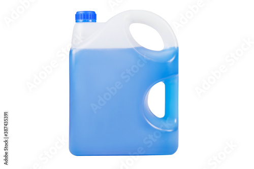 Blue antifreeze in a 5-liter canister. Non-freezing cleaning liquid. There are places for a label. Frontal view.
