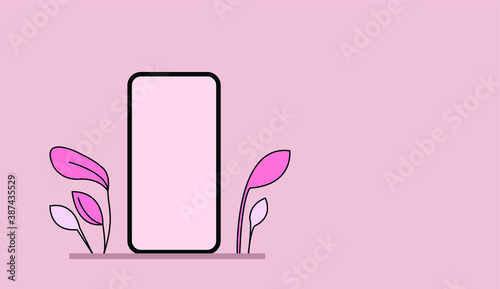 Vector image with phone and leaves to fill with your text. Pink background