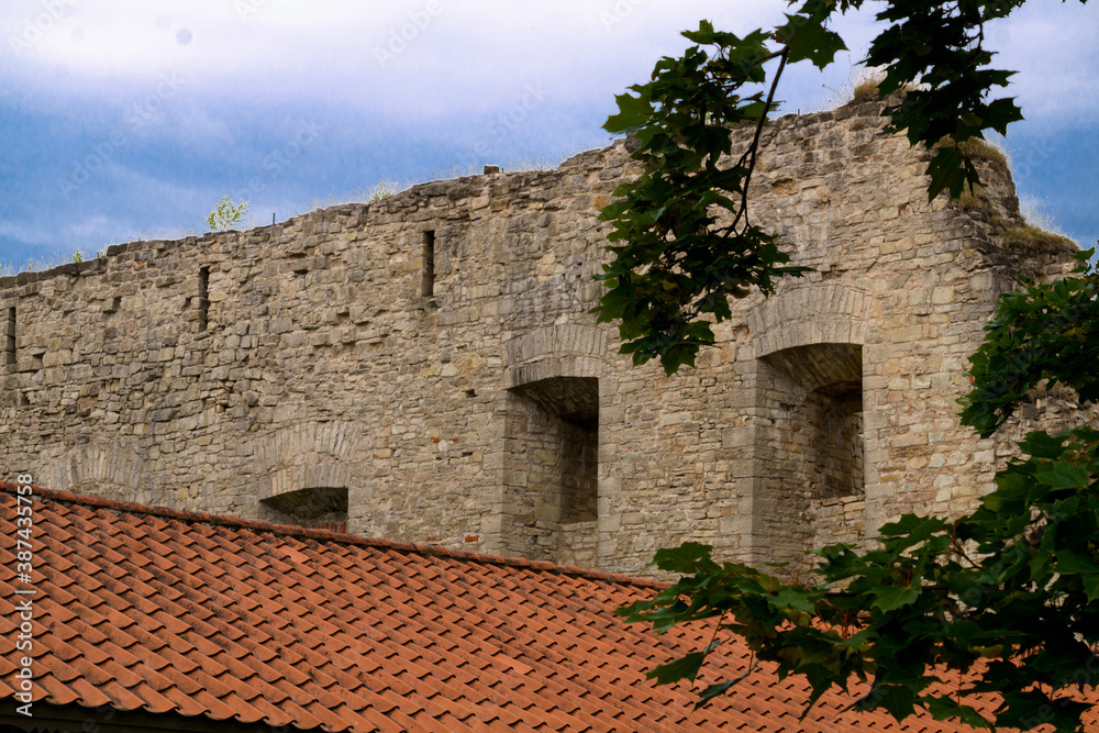Fortress walls of an ancient castle in the city of Cesis in Latvia July 2020.