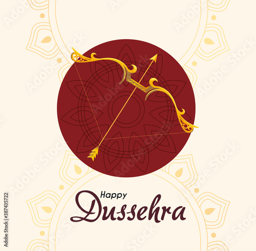 gold bow with arrow in front of red mandala ornament of happy dussehra vector design