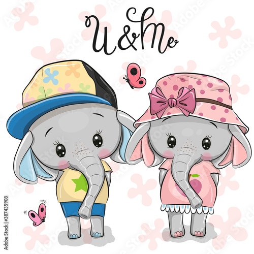 Cartoon Elephants on a pink floral background