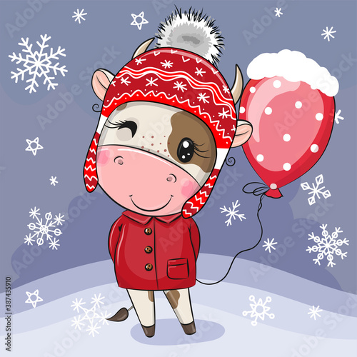 Cartoon Bull in a red hat with balloon